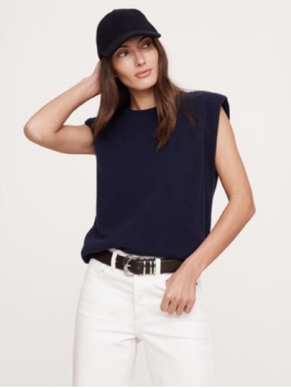 Banana Republic 100% Cashmere Sleeveless Padded Shoulder Sweater Navy Blue Sz XL
